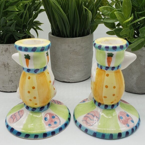 Easter Rabbit Ceramic Hand Painted Candle Stick Holders Set of 2 - Picture 5 of 7